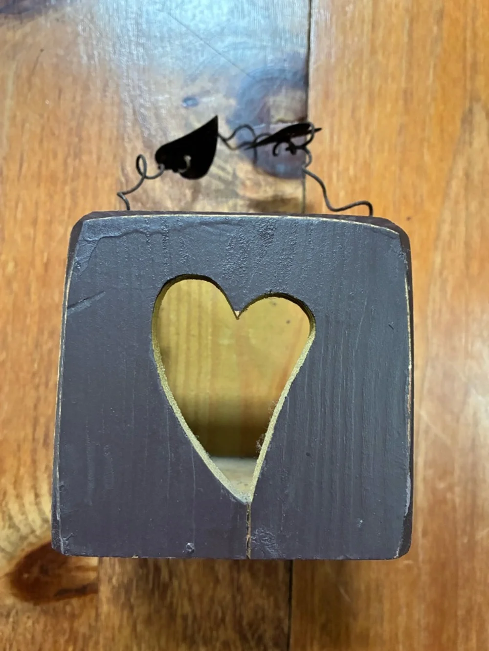 Rustic Heart Cutout Wood Block Decor in Dark Brown